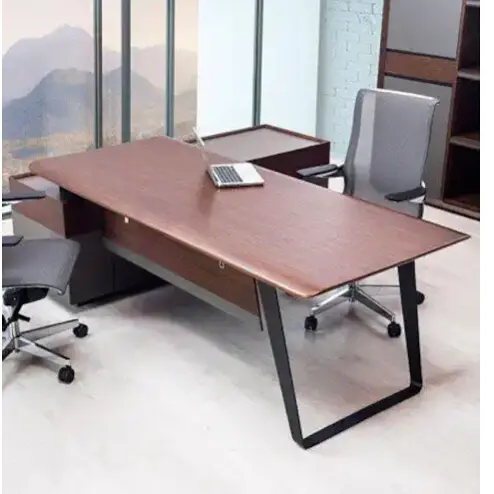 Bullet-Shaped CEO Desk / Dark Wood Executive / Sleek Metallic Legs Desk