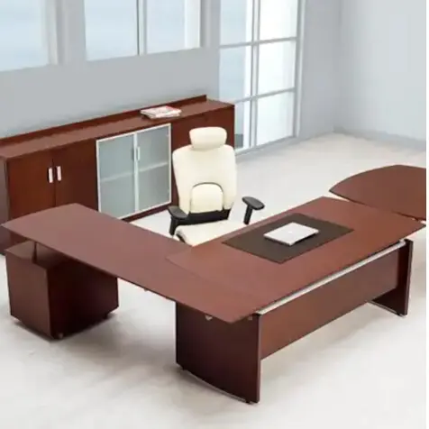 Bullet-Shaped CEO Desk / Dark Wood Executive / Sleek Metallic Legs Desk