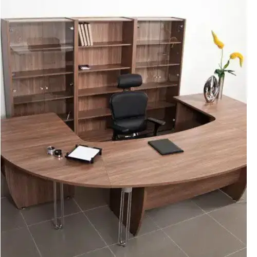 Bullet-Shaped CEO Desk / Dark Wood Executive / Sleek Metallic Legs Desk