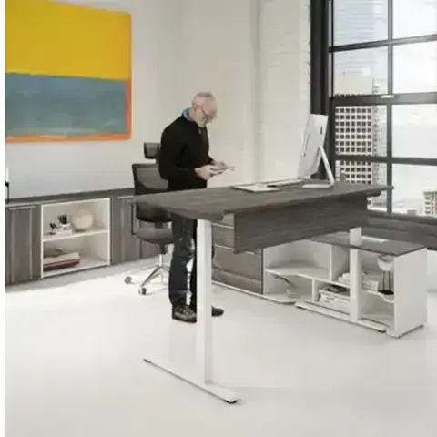 Height-Adjustable Standing Desk / Modern Grey Woodgrain Top / Ergonomic Office Solution