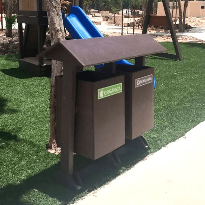 Sustainable Green Trash Cans / Eco-Friendly Hybrid Containers / Wooden-Look Plastic Garbage Bins