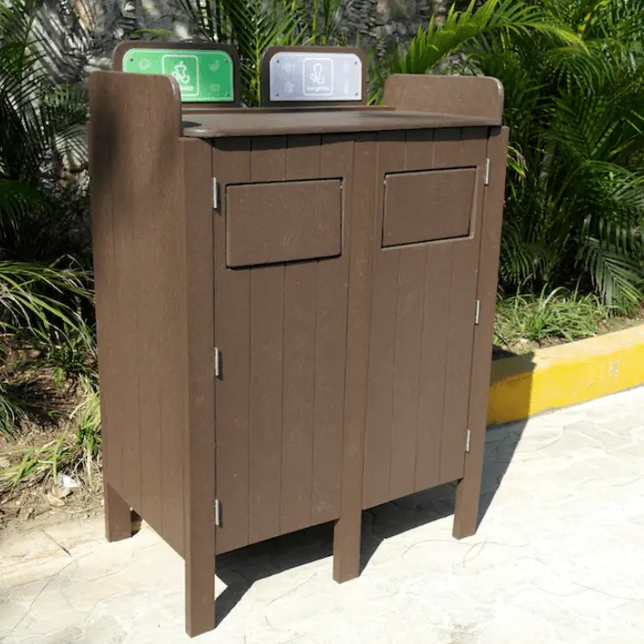 Sustainable Green Trash Cans / Eco-Friendly Hybrid Containers / Wooden-Look Plastic Garbage Bins