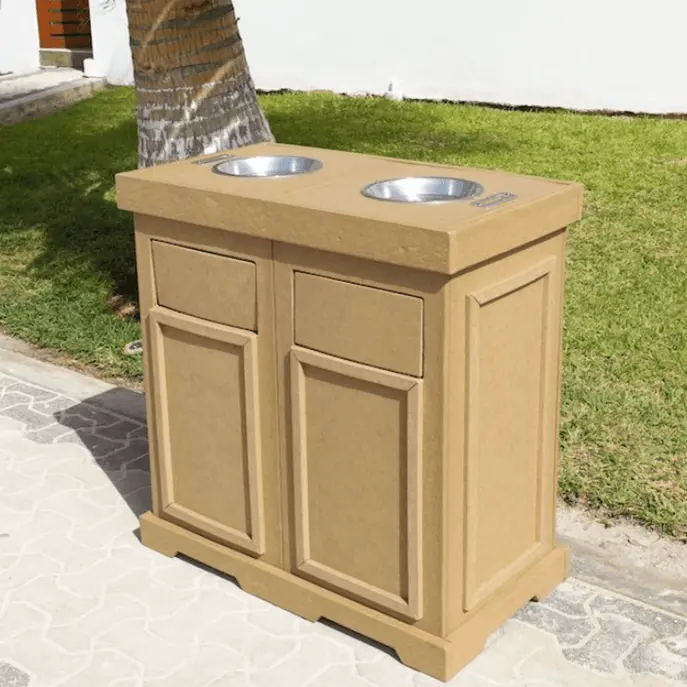 Sustainable Green Trash Cans / Eco-Friendly Hybrid Containers / Wooden-Look Plastic Garbage Bins