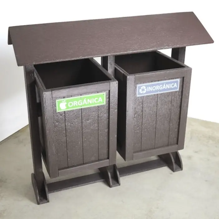 Sustainable Green Trash Cans / Eco-Friendly Hybrid Containers / Wooden-Look Plastic Garbage Bins