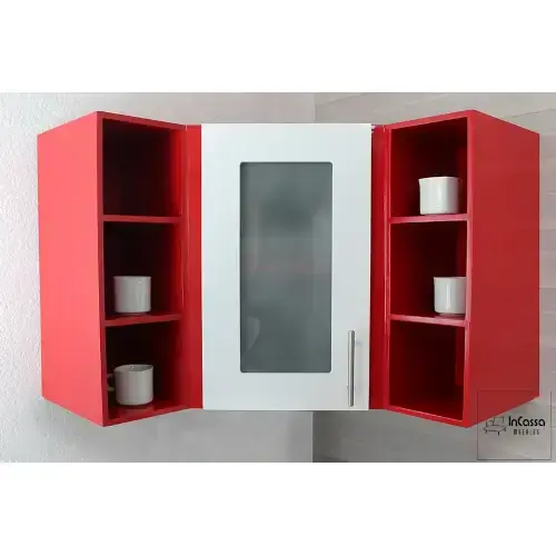 Crimson Corner Wall Cabinet / Frosted Glass Door / Open Side Shelves