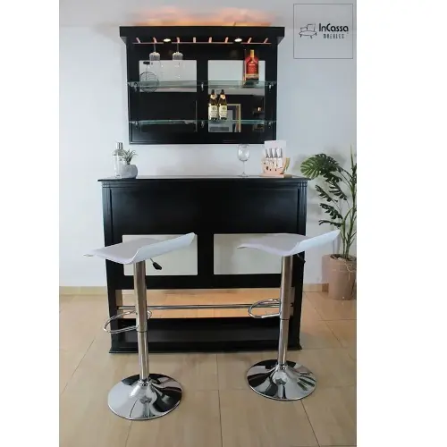 Warm Wooden Bar / Illuminated Shelves / Black Swivel Stools