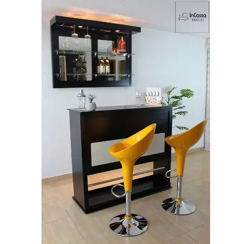 Warm Wooden Bar / Illuminated Shelves / Black Swivel Stools