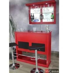 Bold Red Bar Counter / Hanging Glass Storage / Metallic High Chairs