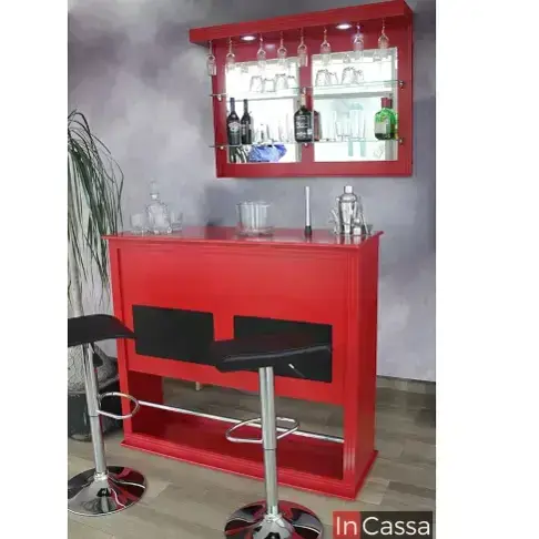 Bold Red Bar Counter / Hanging Glass Storage / Metallic High Chairs