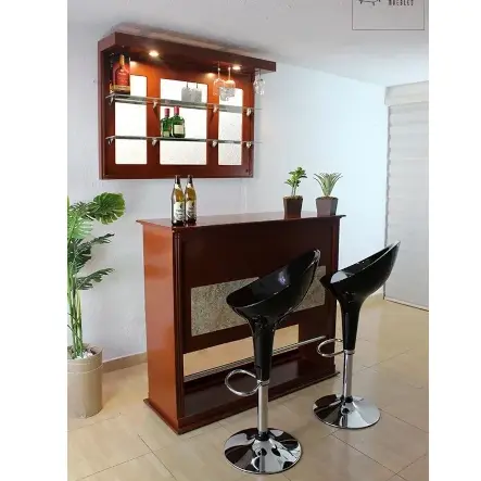 Bold Red Bar Counter / Hanging Glass Storage / Metallic High Chairs