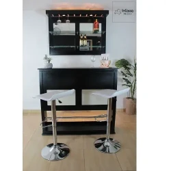 Classic Black Home Bar / Glassware Display / White Modern Stools