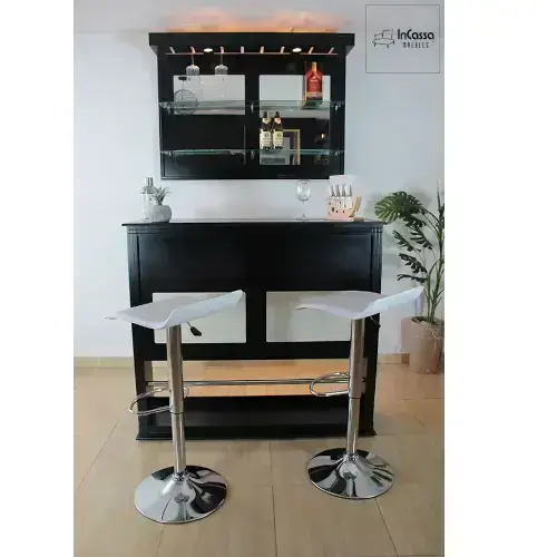 Classic Black Home Bar / Glassware Display / White Modern Stools