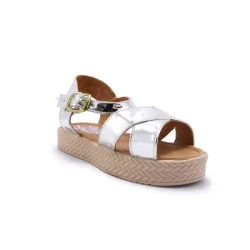 Silver Kids Espadrille Sandal / Reflective Double-Strap Slide / Youthful Shine for Warm Days