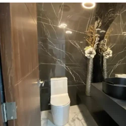 Dark Marble Bathroom Walls / Veined Stone Elegance / Polished Restroom Interior