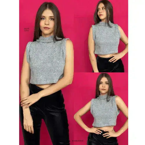 High-Neck Crop Top / Gray Sleeveless Sweater / Knitted Blouse