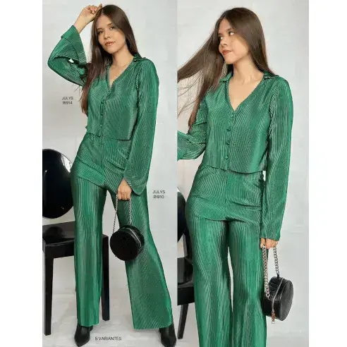 Green Office Professional Set / Ribbed Fabric Flares / Corporate Clothing Combo For Her