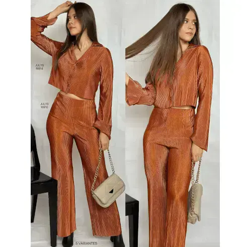 Stylish Brown 2-Piece Set / Button-Up Shirt-Style Top & Flare-Leg Pants / Women's Chic Set