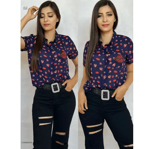 Women's Black Button-Up / Mouth Print Shirt / Women's Kiss Embroidered Blouse