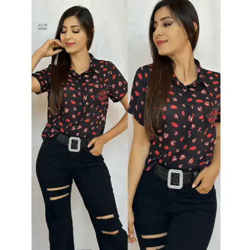 Women's Black Button-Up / Mouth Print Shirt / Women's Kiss Embroidered Blouse