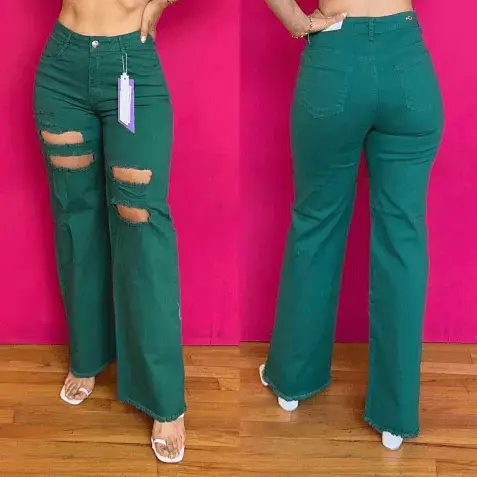 Women's High-Waisted Wide-Leg Jeans / Comfortable Trousers / Ladies' Green Denim Bottoms