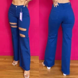 Blue Women's High-Rise Wide-Leg Jeans / Pants With Front Rips / Casual Look Trousers