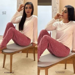 Cozy Ladies' Pajama Set / White Long-Sleeve Top / Pink Pants with White Polka Dots