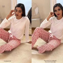 Comfy Pajama Set for Women / White Long-Sleeve T-Shirt / White & Pink Patterned Pants