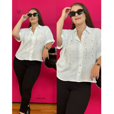Elegant Plus Size Khaki Blouse / Chain-Embellished Neutral Top / Daytime Khaki Studded Shirt
