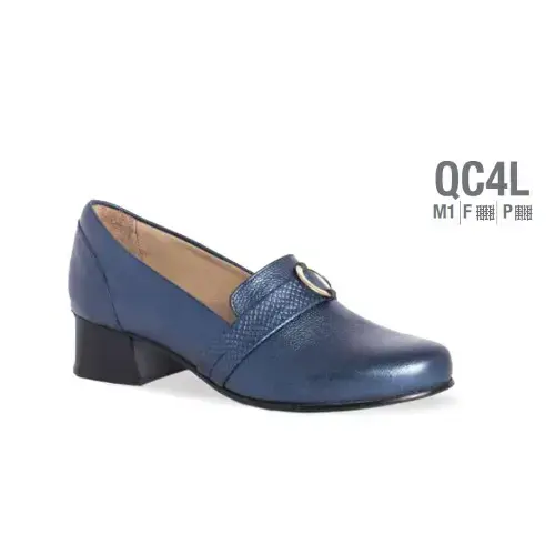 Navy Low Pump / Textured Leather Shoe / Casual Buckle Front