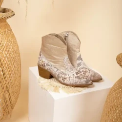 Beige Snake-Print Booties / Textured Leather Boots / Chic Zippered Heels