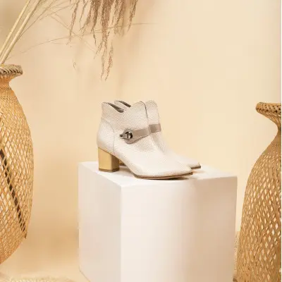 Beige Snake-Print Booties / Textured Leather Boots / Chic Zippered Heels