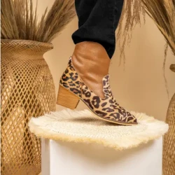 Leopard Heel Booties / Caramel Leather Boots / Chic Fall Cowboy Boots