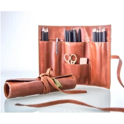 Caramel Pencil Roll / Handcrafted Leather Holder / Elegant Desk Accessory