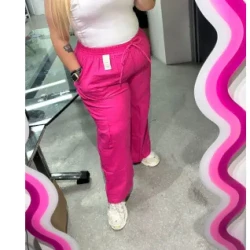 Fuchsia Plus-Size Trousers / Bold Color Casual Pants / Trendy Pocketed Bottoms