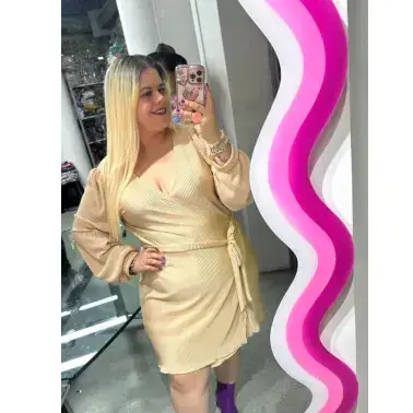 Beige V-Neck Dress / Plus-Size Party Outfit / Belted Cocktail Dress